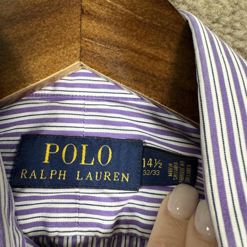 Polo Ralph Lauren Shirt Mens 14.5 32/33 Purple Striped Button Front Logo Pony - Picture 6 of 10